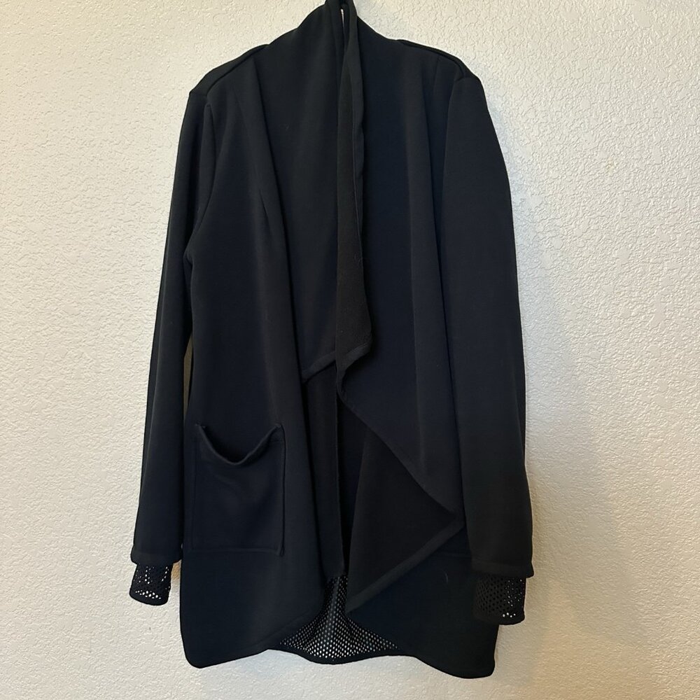 Fabletics Open Front Blanket Cardigan Black Cozy Womens Large Mesh Hem Waterfall